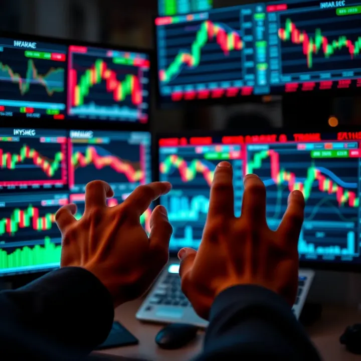 Close-up of hands analyzing digital trading data on multiple screens highlighting risk management and decision-making