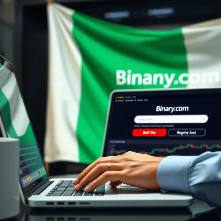 Accessing Binary.com Login for Nigerian Traders User logging into Binary.com platform on a laptop with Nigerian flag in the background