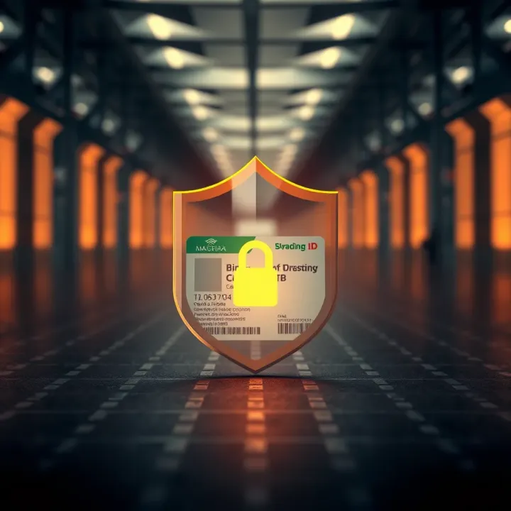 Graphic showing security shield protecting a binary trading ID card symbolizing safeguarding of investments