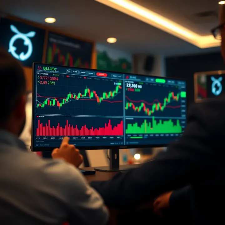 Illustration of a digital trading platform displaying financial charts and profit-sharing metrics