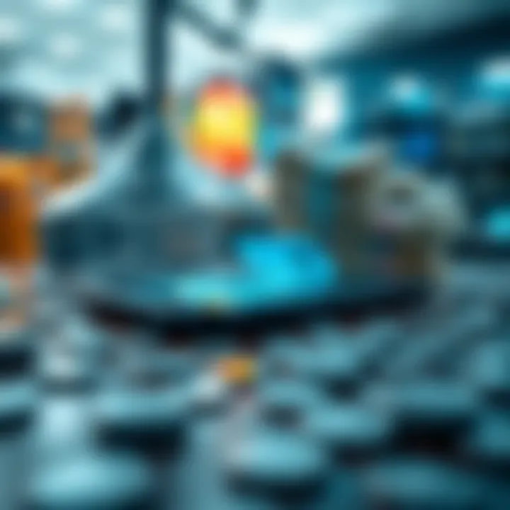 Conceptual illustration of digital marketplace with apps and currency symbolizing app trade opportunities and challenges