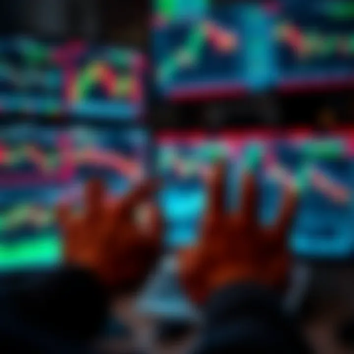 Close-up of hands analyzing digital trading data on multiple screens highlighting risk management and decision-making