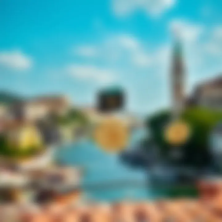 Illustration showing various types of bitcoin wallets including hardware, mobile, and desktop wallets with Italian landmarks in the background