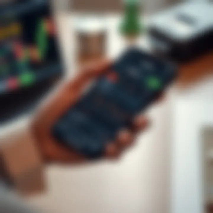 Mobile device showing Exness app with trading charts and options