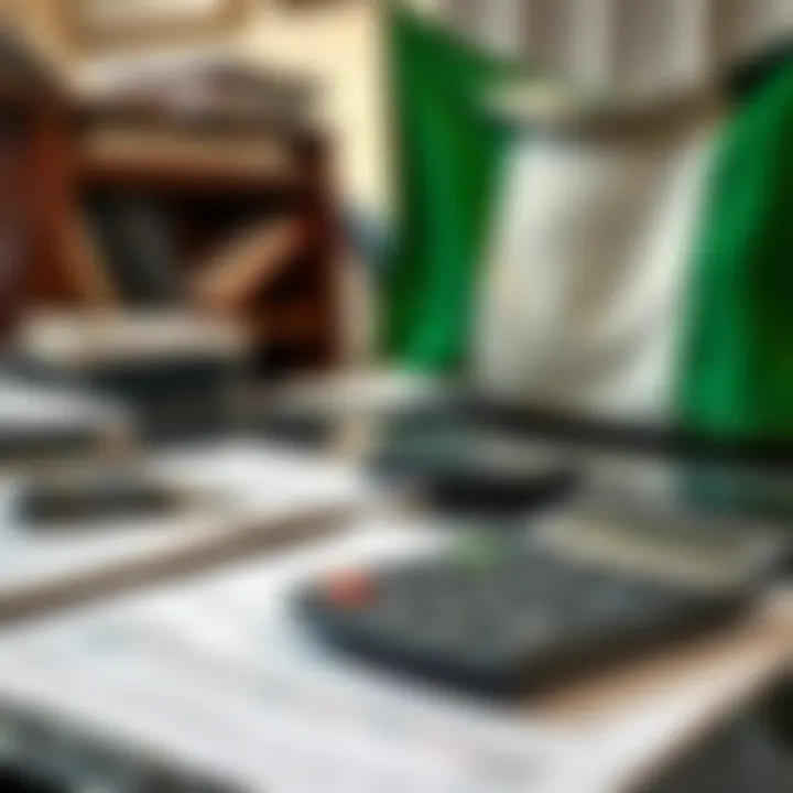 Exploring Financial Support Options in Nigeria An office desk with financial documents, a calculator, and a Nigerian flag highlighting local financial support options