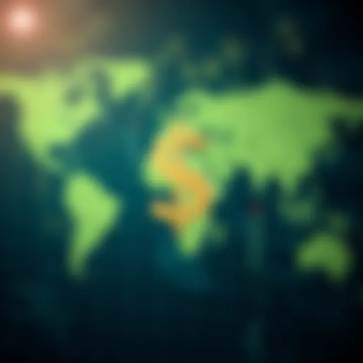 Global Currency Market Highlighting the US Dollar Illustration of global currencies with the US dollar symbol prominently featured amid world map background