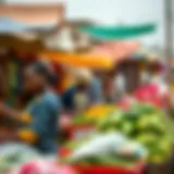 Bustling Kwakol market with colorful stalls showcasing a variety of fresh produce and local goods in Nigeria