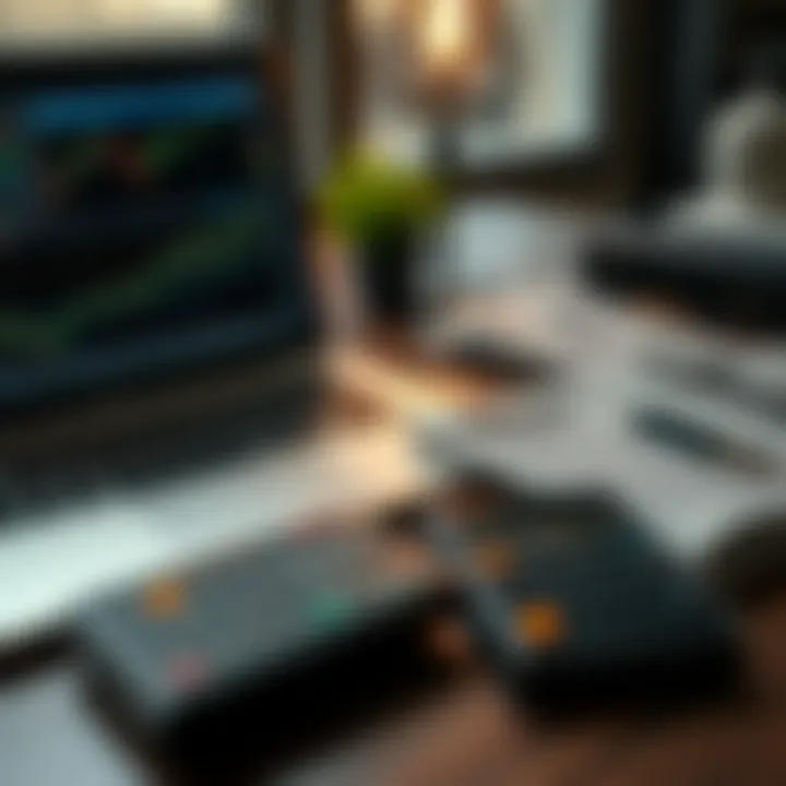 Collection of essential trading tools including a laptop with data analytics, financial newspaper, and a calculator