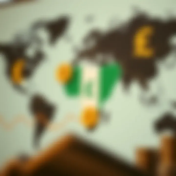 Global map highlighting Nigeria with currency symbols and market trend arrows