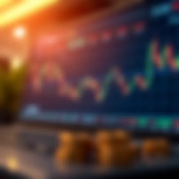 Stock Market Trends on Digital Trading Platform Graph showing stock market trends on a digital trading platform with currency symbols