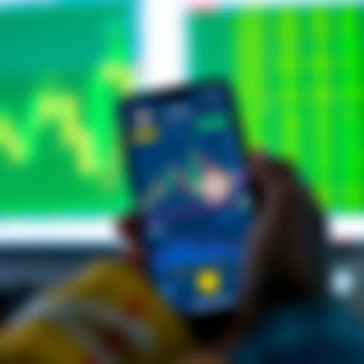 Virtual Trading Platform Interface on Mobile Device Mobile phone screen displaying a trading app interface with virtual currency and market charts