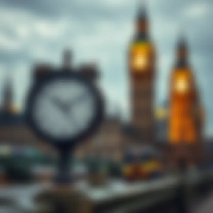 Clock showing the time difference between London and Nigeria with city landmarks in the background