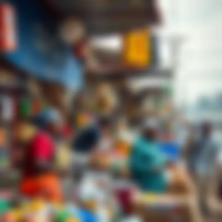 Colorful open-air Nigerian market stalls with various goods and active customer interactions