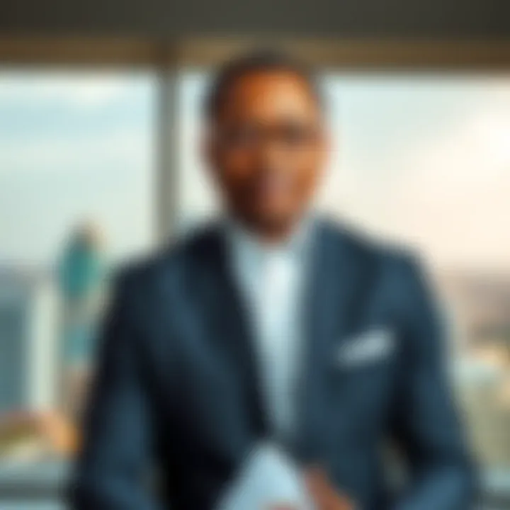 Portrait of Uche Paragon in a professional setting with a backdrop of Nigeria's skyline