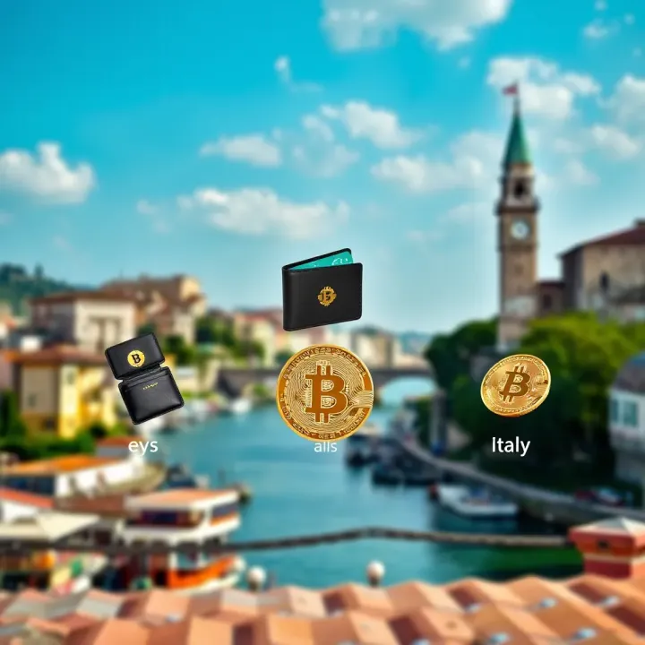 Illustration showing various types of bitcoin wallets including hardware, mobile, and desktop wallets with Italian landmarks in the background