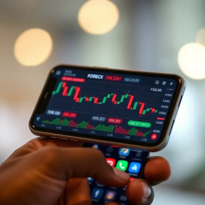 Smartphone displaying a forex trading application with charts and currency pairs relevant to Nigerian market