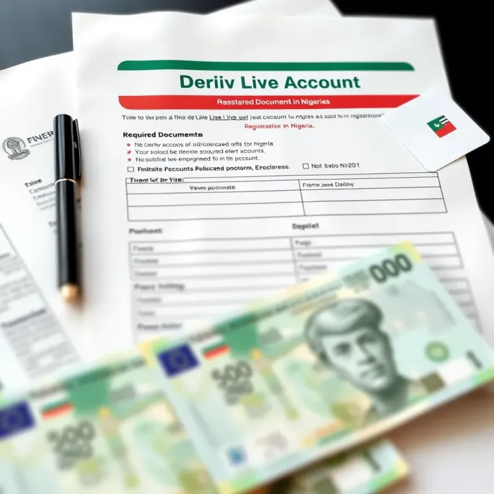 Guide to Opening a Deriv Live Account with Required Documents in Nigeria Illustration of online registration form with documents and Nigerian currency symbols