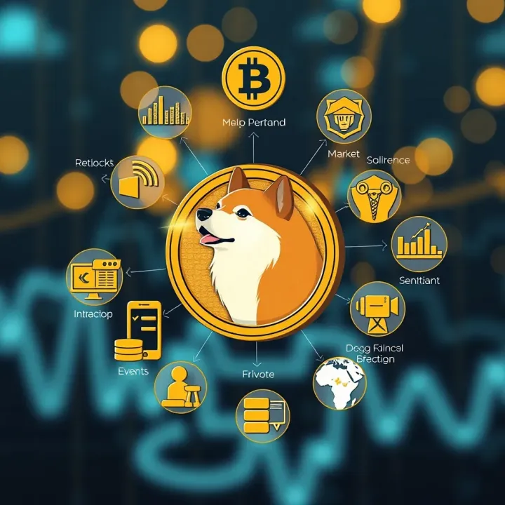 Illustration of factors influencing Dogecoin's value including market demand, investor sentiment, and global events