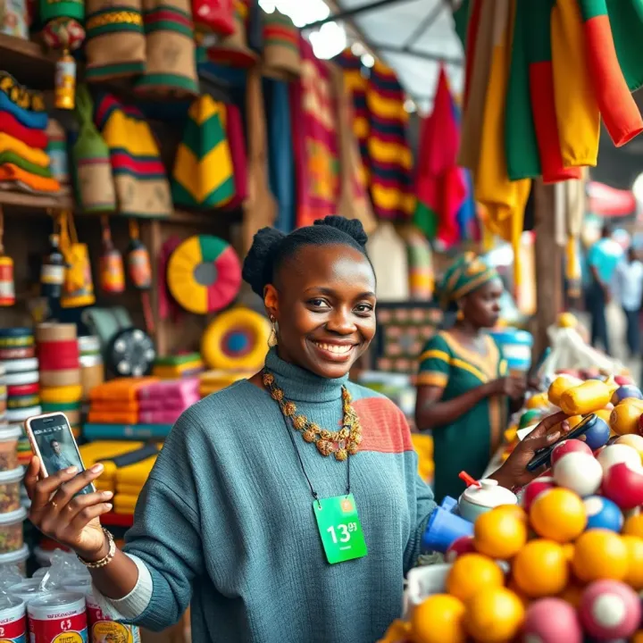 Colorful market stall showcasing variety of products with digital payment options visible