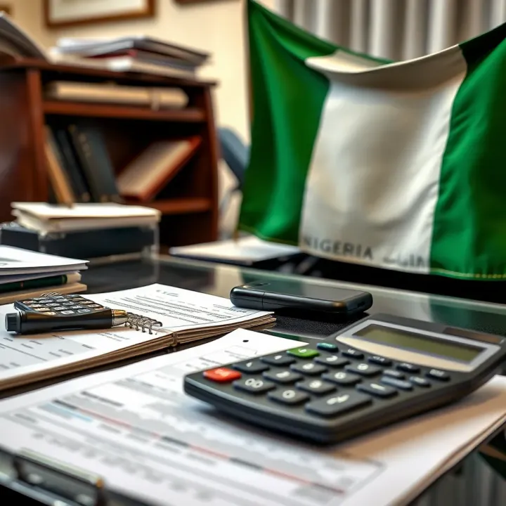 An office desk with financial documents, a calculator, and a Nigerian flag highlighting local financial support options