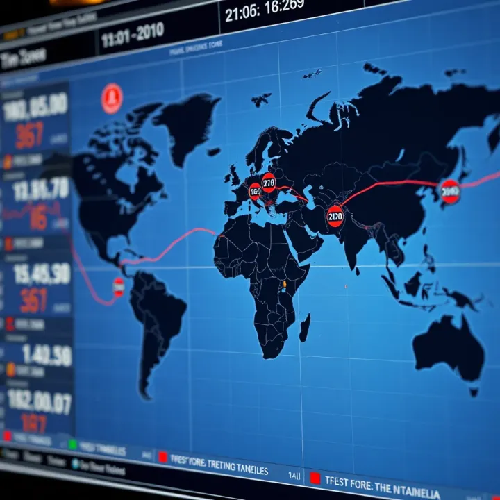 World map highlighting major forex trading centers with respective time zones
