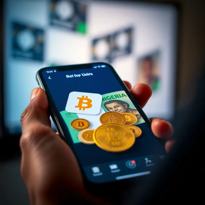 Smartphone screen displaying a cryptocurrency app interface with digital coins and Nigerian Naira symbols