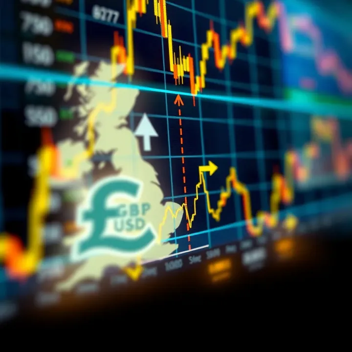 Visual representation of GBP and USD currencies with arrows indicating market movements and geopolitical impact