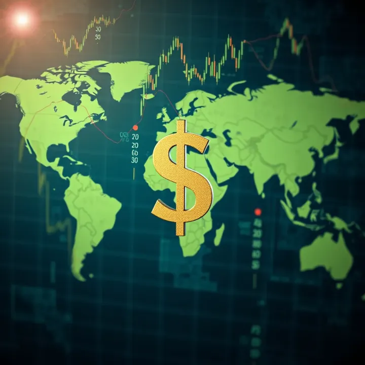 Illustration of global currencies with the US dollar symbol prominently featured amid world map background