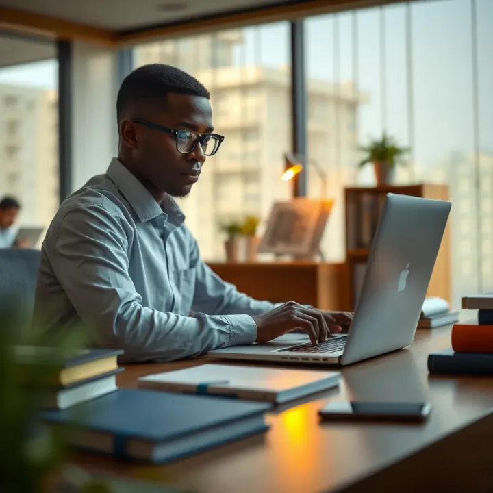 Student using a laptop at a desk with books and a smartphone nearby, representing online earning opportunities