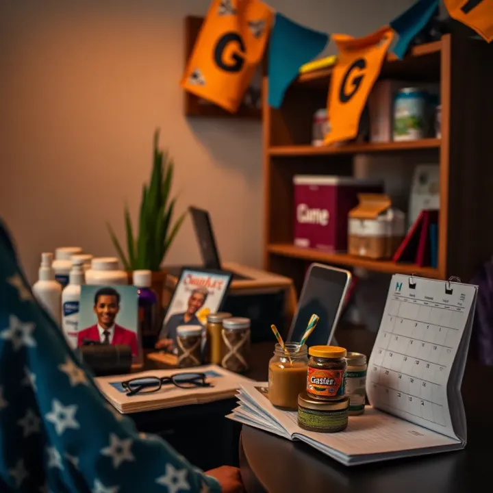 Small home business setup with various products displayed on a table and a calendar showing time management