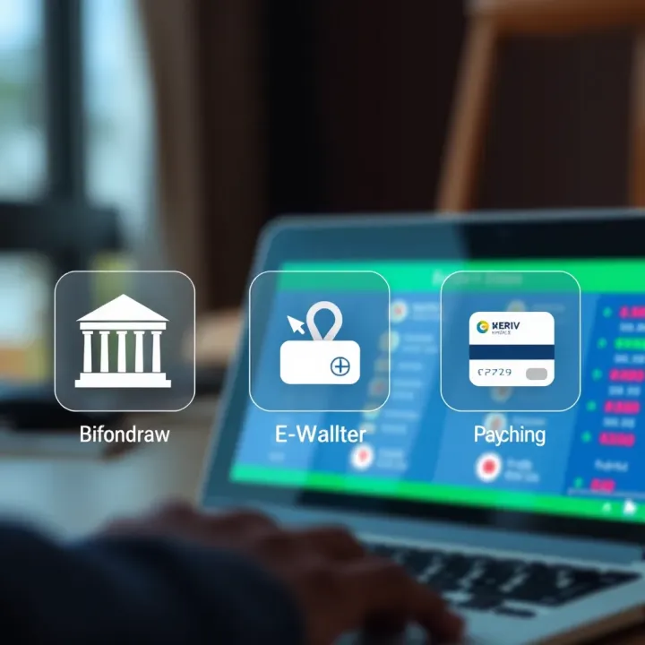 Different withdrawal methods illustrated with icons representing bank transfer, e-wallet, and card payment