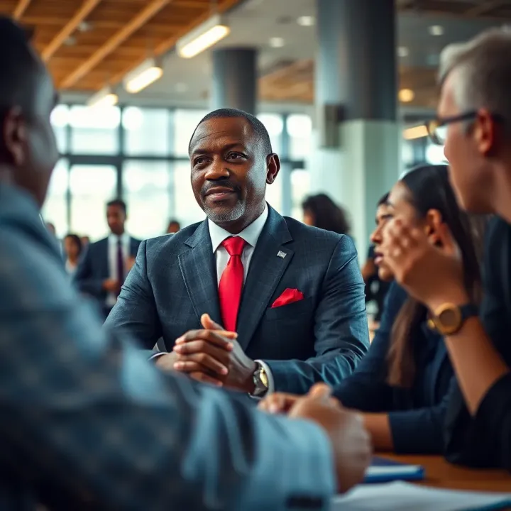 Jabulani Ngcobo engaging in a discussion with colleagues, highlighting his professional achievements and collaborative spirit