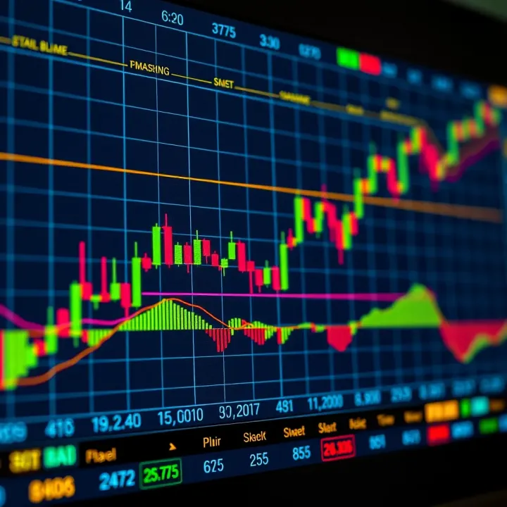 Illustration of a stock market chart with candlestick patterns and trading indicators