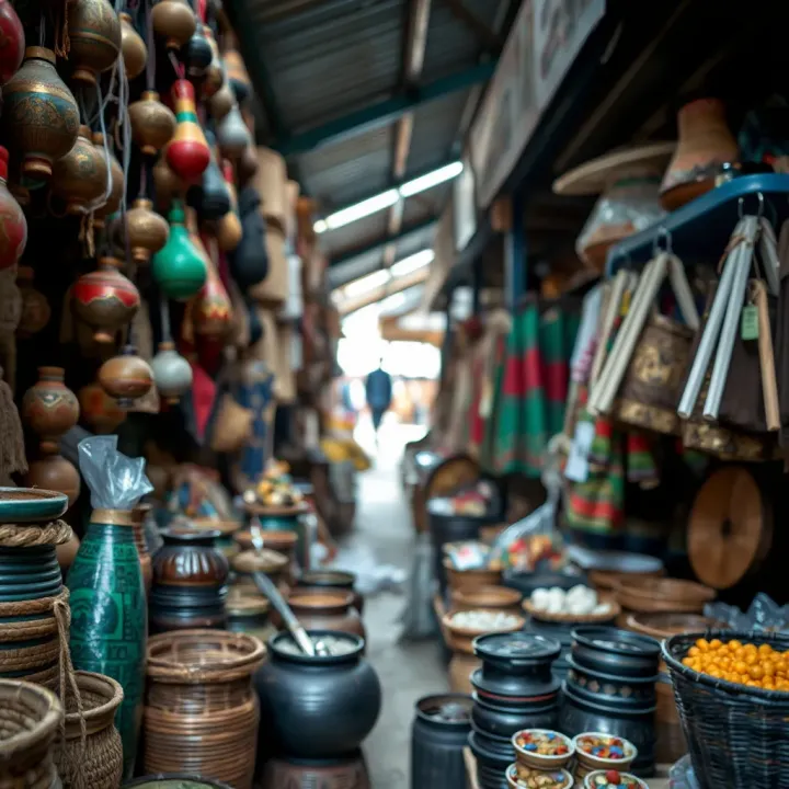 Array of traditional crafts and everyday items displayed at Kwakol market highlighting economic activities