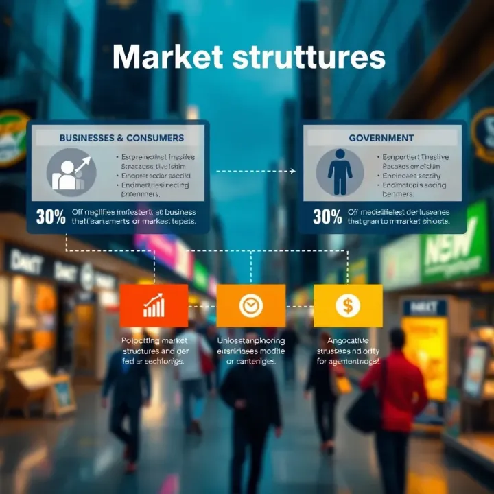 Infographic showing effects of market structures on businesses, consumers, and government roles