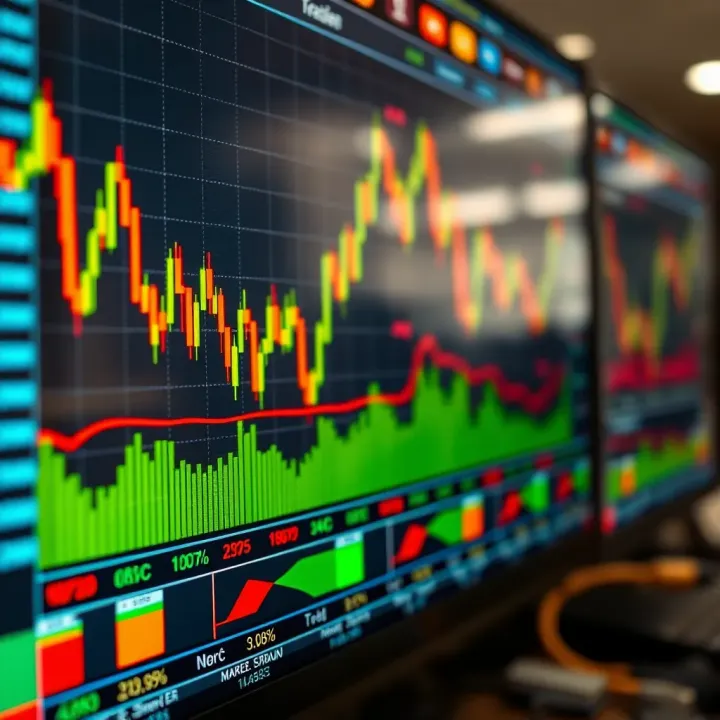 Dynamic trading chart displaying fluctuating stock prices and market indicators on a digital screen