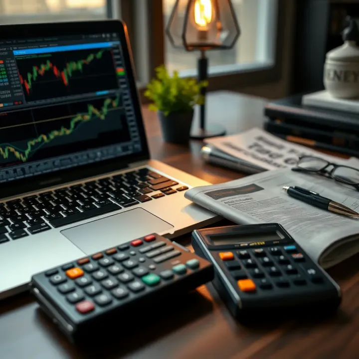 Collection of essential trading tools including a laptop with data analytics, financial newspaper, and a calculator