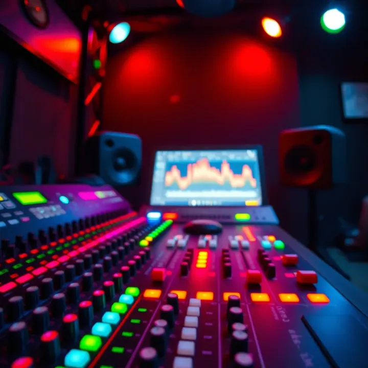 Sound mixing console with colorful lights symbolizing music production