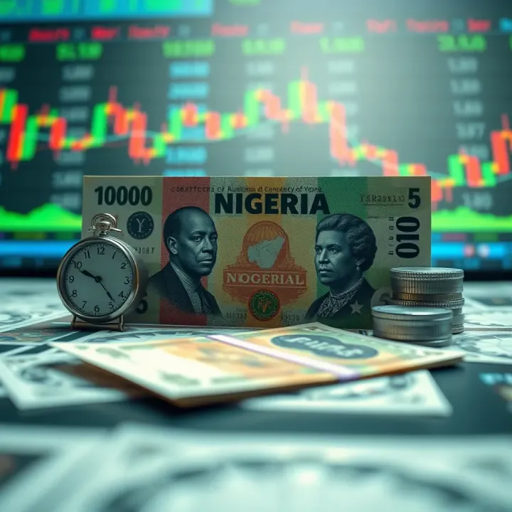 Digital representation of Nigeria's currency surrounded by forex market indicators