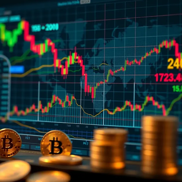 Graph illustrating global macroeconomic trends with cryptocurrency icons and financial charts