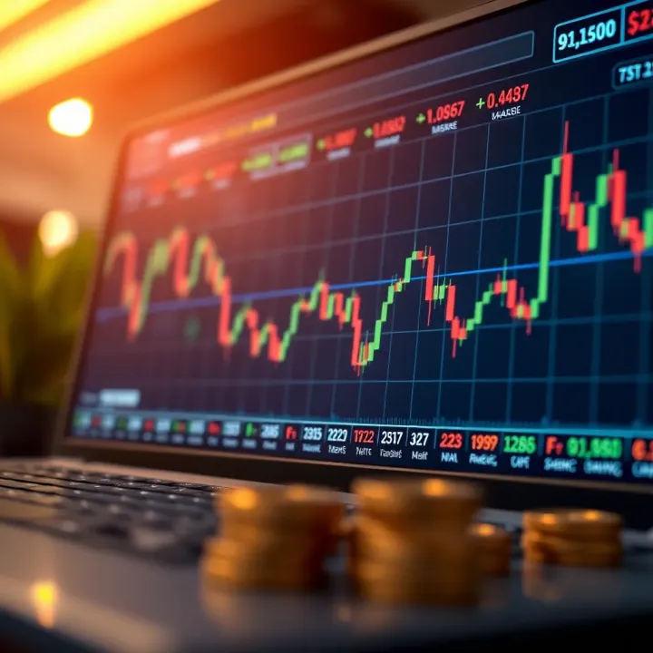 Stock Market Trends on Digital Trading Platform Graph showing stock market trends on a digital trading platform with currency symbols