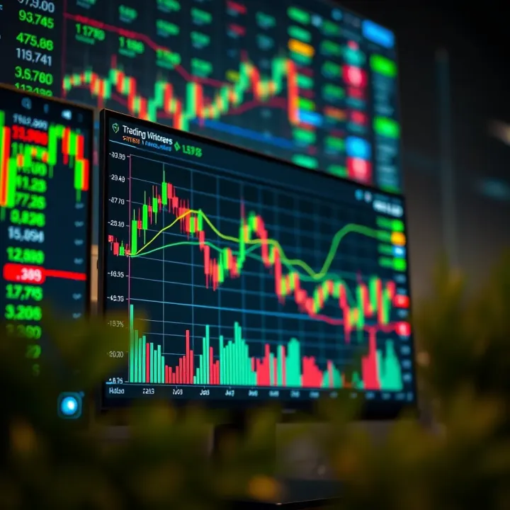 Interactive TradingView chart displaying various technical indicators and candlestick patterns against a financial market background