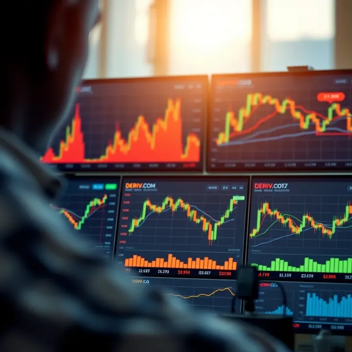 Illustration showing various financial charts and graphs representing trading activity on Deriv.com platform