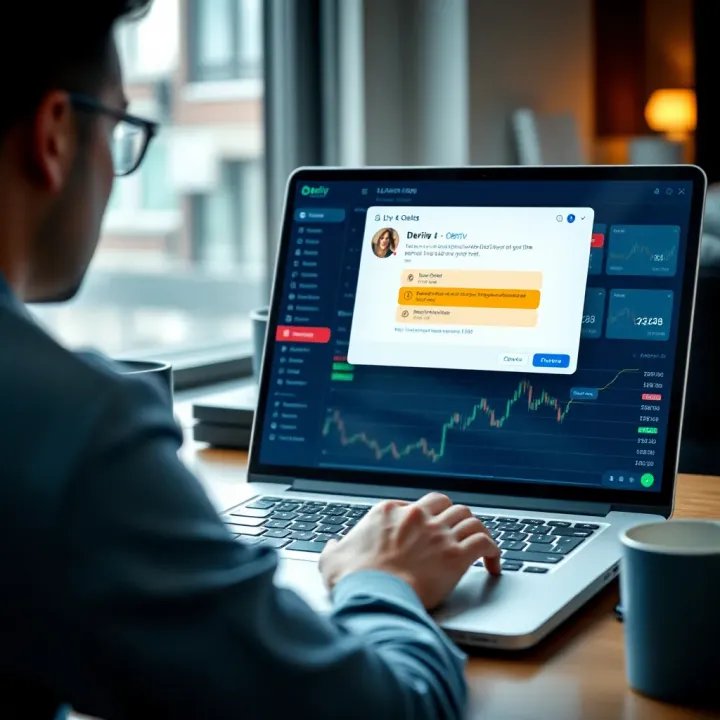 Trader accessing Deriv platform on laptop with live chat support window open