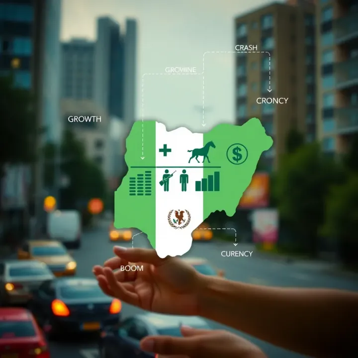 Illustration of Nigerian economy with symbols representing growth, decline, and currency changes