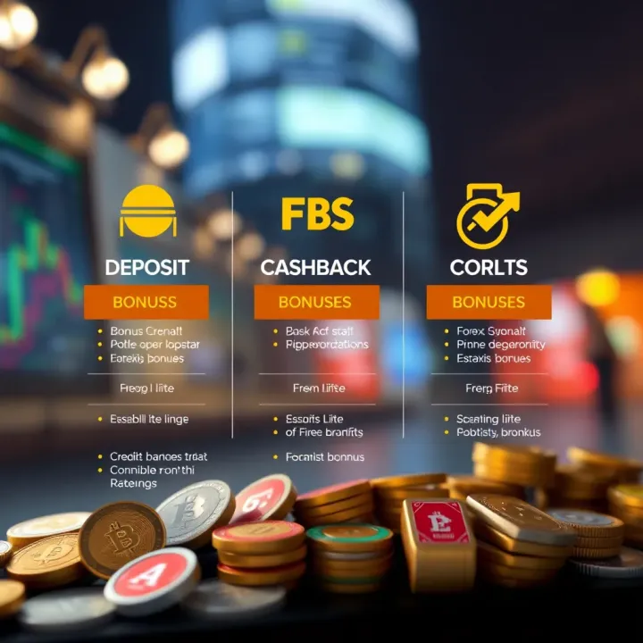 Illustration of various FBS forex bonus types including deposit, cashback, and credit bonuses