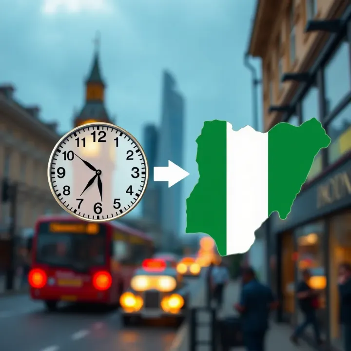 Time Zone Differences Between London and Nigeria Illustration showing the time difference between London and Nigeria with clock faces and map outlines
