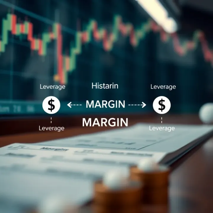 Diagram illustrating the concept of margin in forex trading with currency symbols and leverage indicators