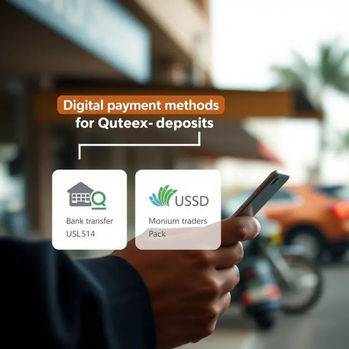 Illustration of digital payment options including bank transfer and mobile USSD codes for online trading deposits