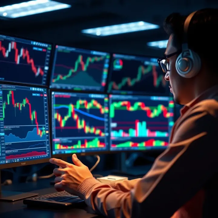 Trader analyzing multiple financial charts with indicators on computer screens